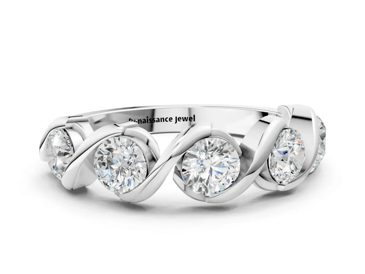 Round Diamond Wave Band with Channel Setting and Shared Prongs Silver