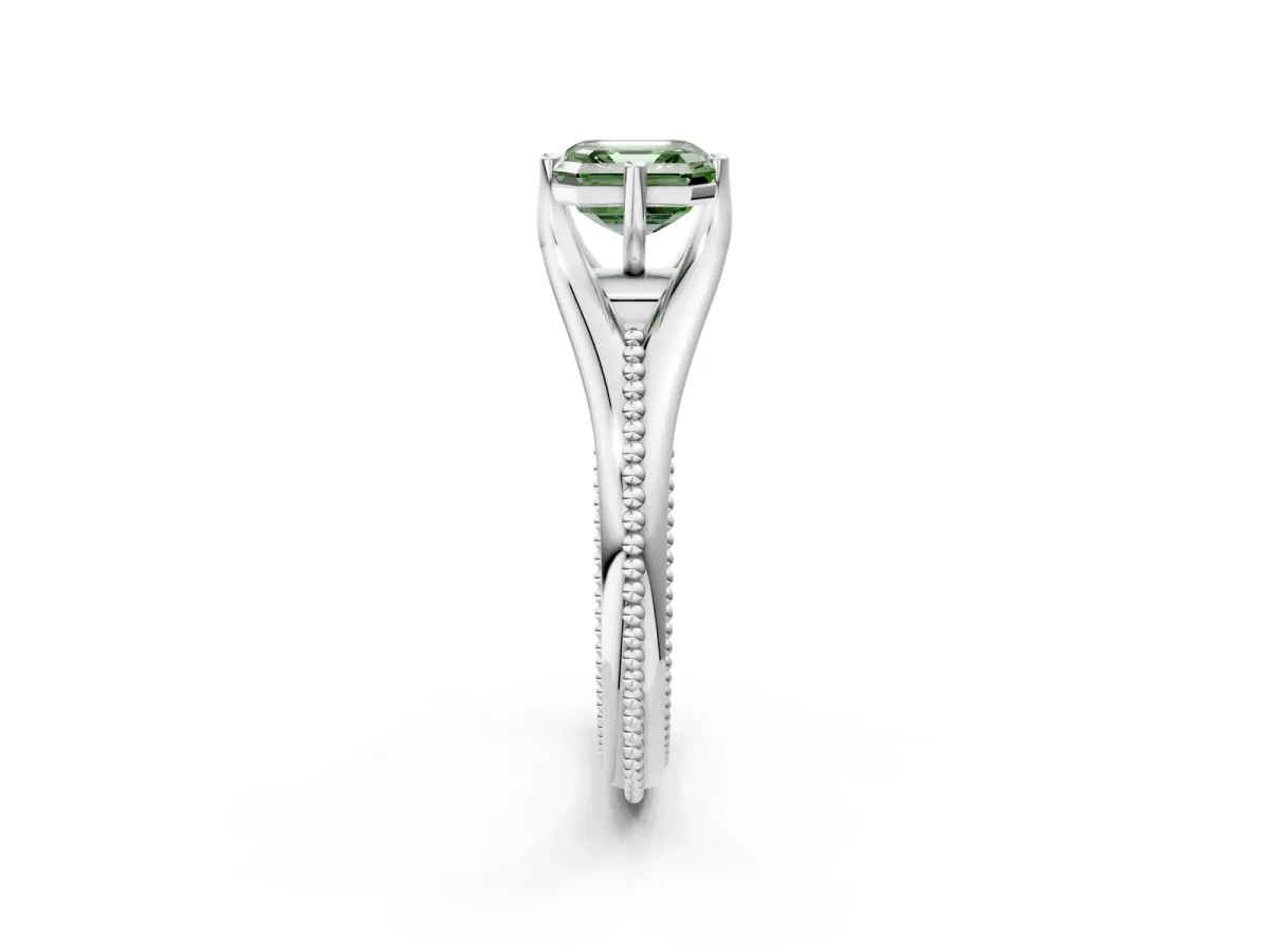 Fancy Green Asscher Cut Solitaire Beaded Band Six-Prong Setting Platinum