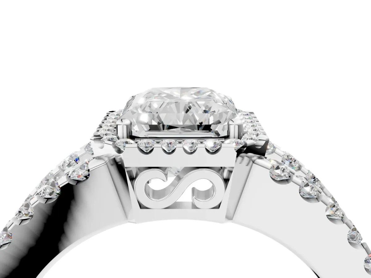 Radiant Cut Cut Halo Split Shank Diamond Ring with Four-Prong Setting Platinum