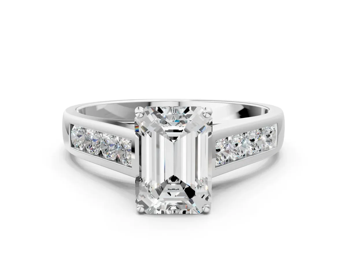 Emerald Cut Brilliant Channel-Set Solitaire Ring with Four-Prong Setting White gold