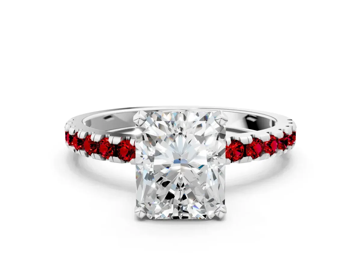 Radiant Cut Diamond Solitaire Ring with Round Ruby Pavé Band and Four-Prong Setting Silver