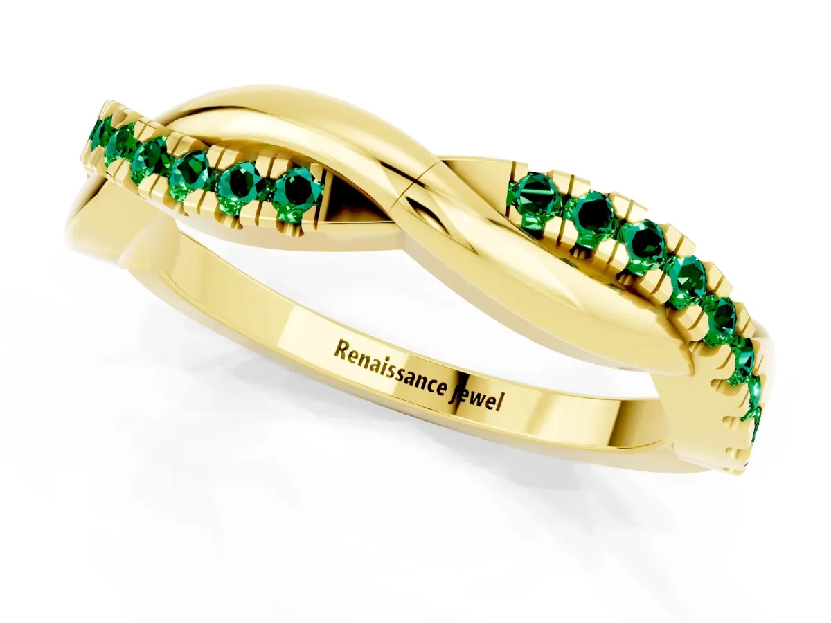 Round Emerald Twisted Infinity Band with Prong Setting Yellow gold