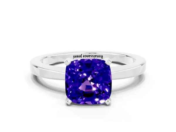 Cushion Cut Tanzanite Solitaire Engagement Ring with Classic Band and Four-Prong Setting Silver