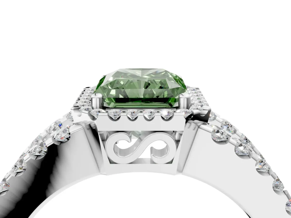 Fancy Green Radiant Cut Cut Halo Split Shank Diamond Ring with Four-Prong Setting Platinum