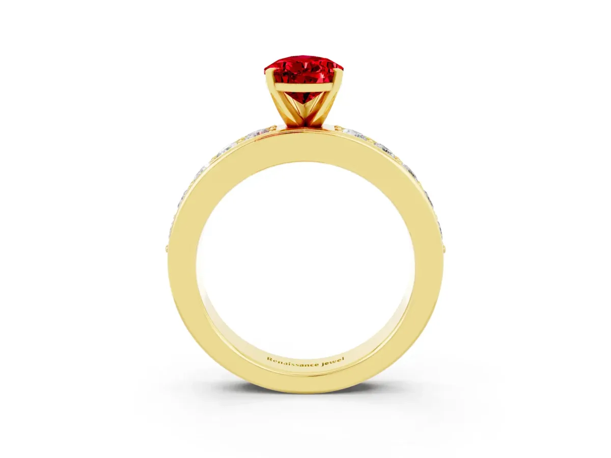 Pear Cut Ruby Engagement Ring with Channel Set Round Band and Prong Setting Yellow gold