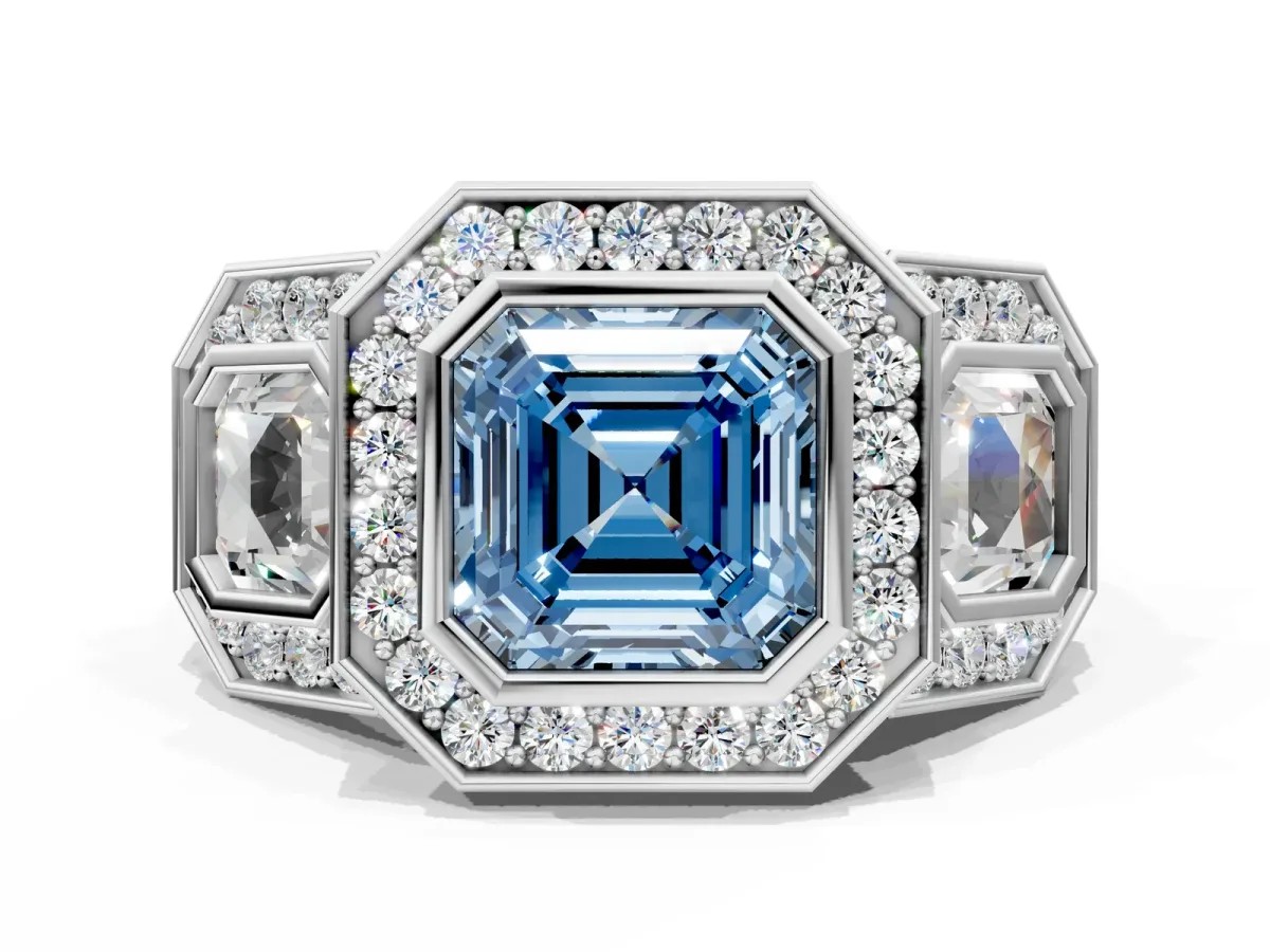 Fancy Blue Three-Stone Asscher Cut Halo Pavé Diamond Ring Platinum