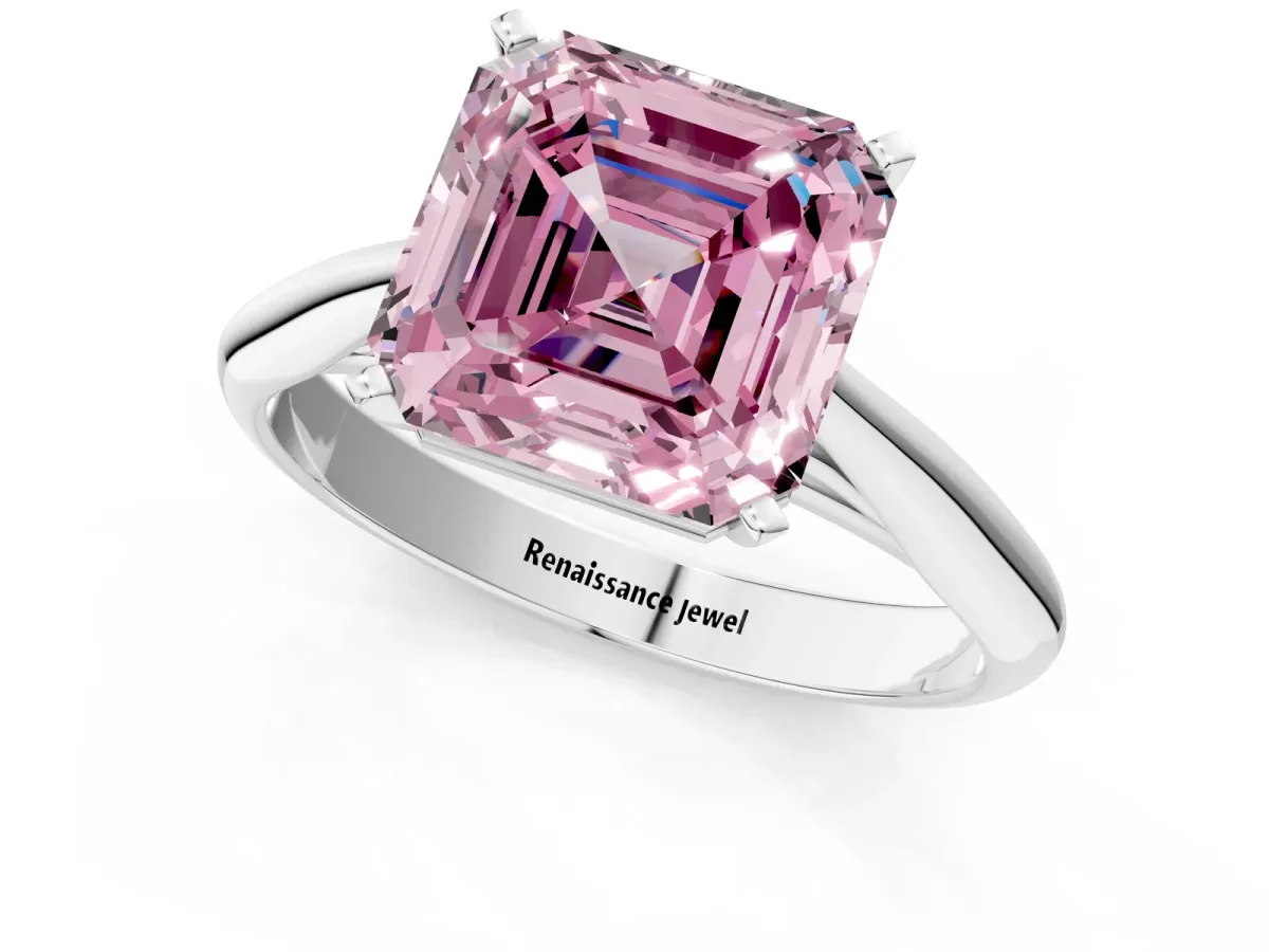 Fancy Pink Asscher Cut Diamond Solitaire Engagement Ring with Cathedral Setting and Four-Prong Mount Silver