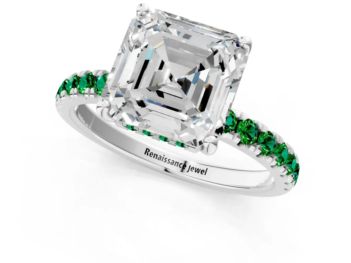 Asscher Cut Diamond Pave Band Solitaire Ring with Round Emerald and Prong Setting Platinum