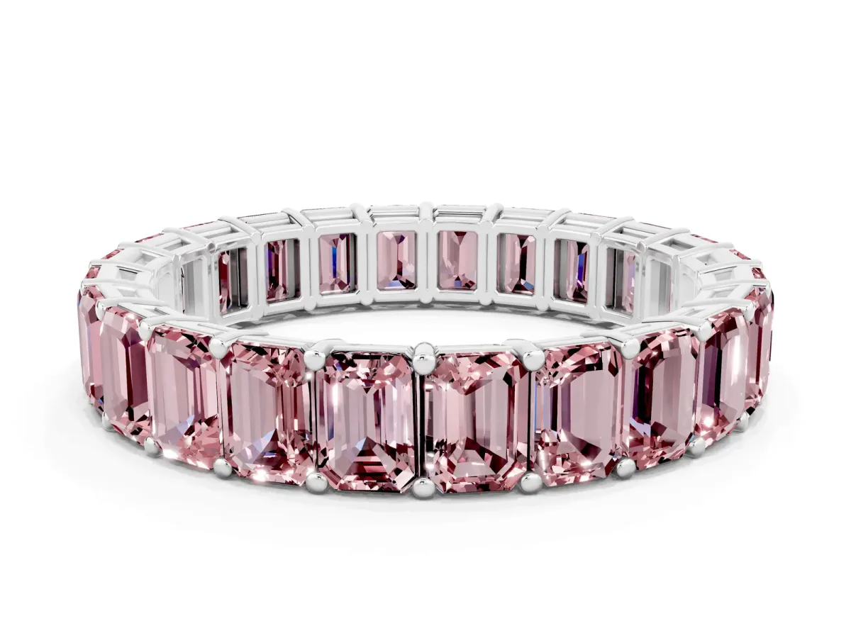 Emerald Cut Morganite Eternity Band with Shared Prong Setting Silver