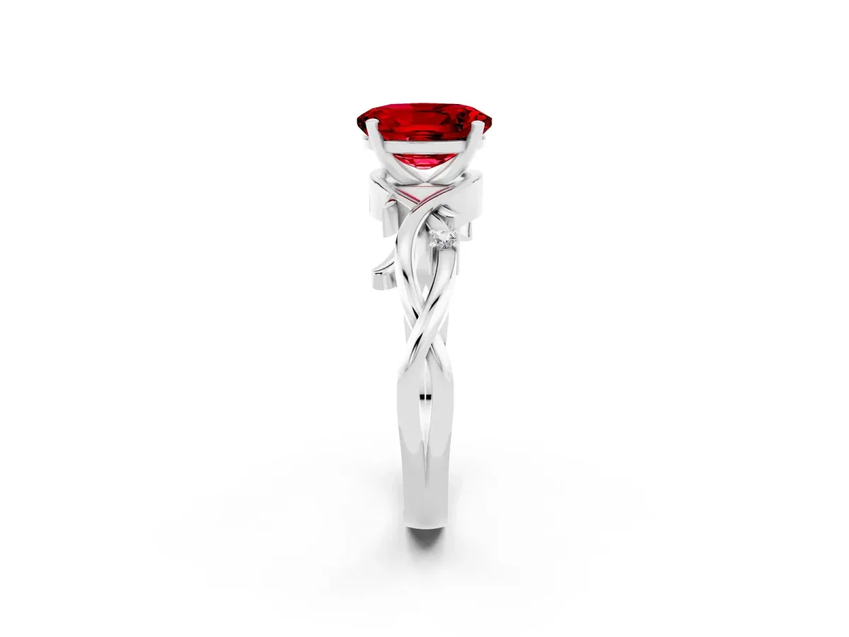Oval Cut Ruby Solitaire Ring with Twisted Band and Prong Setting Platinum