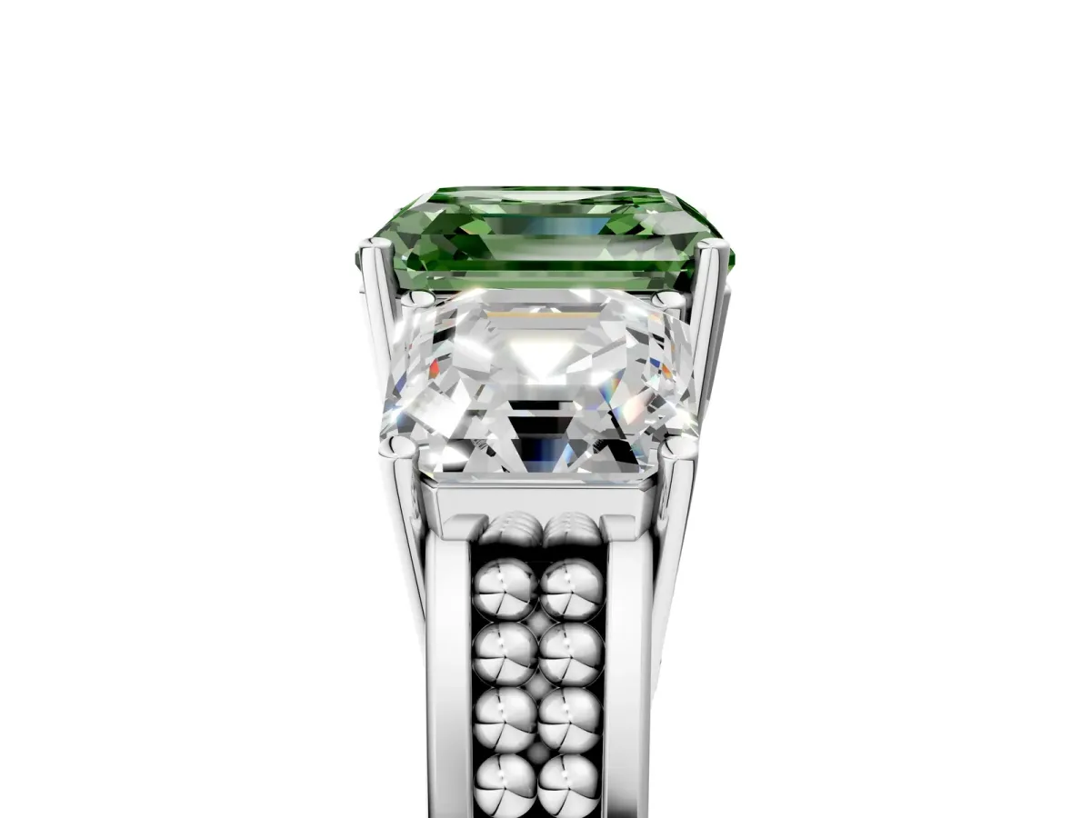Fancy Green Asscher Cut Diamond Three-Stone Ring with Prong Setting and Textured Band Platinum