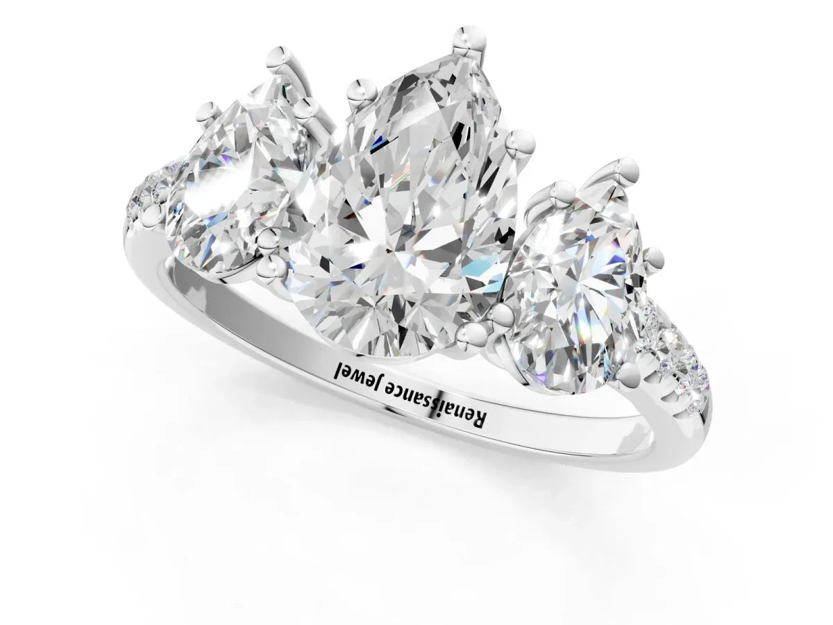 Three-Stone Pear Cut Diamond Ring with Round Moissanite Pavé Band and Prong Setting Silver