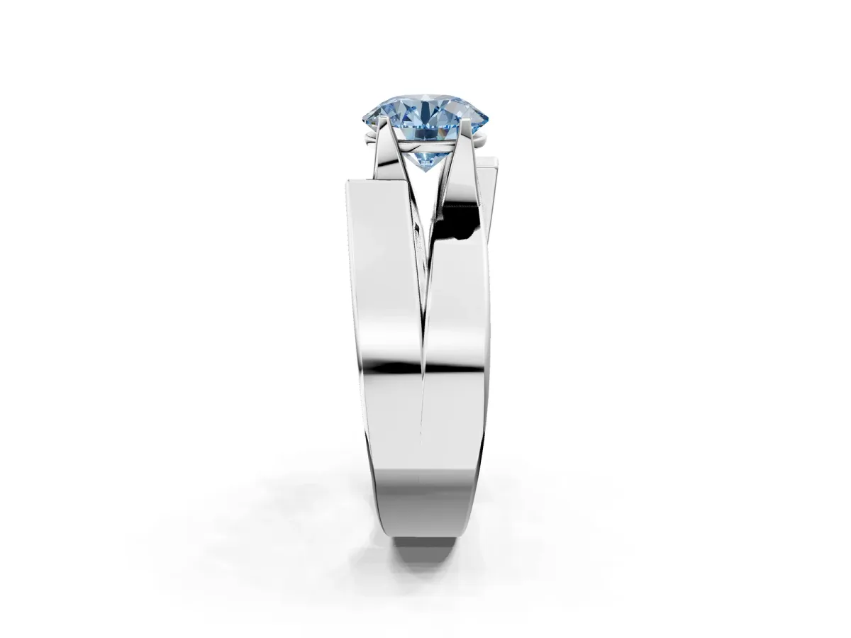 Fancy Blue Modern Tension Set Round Cut Diamond Solitaire Wide Band Ring Silver