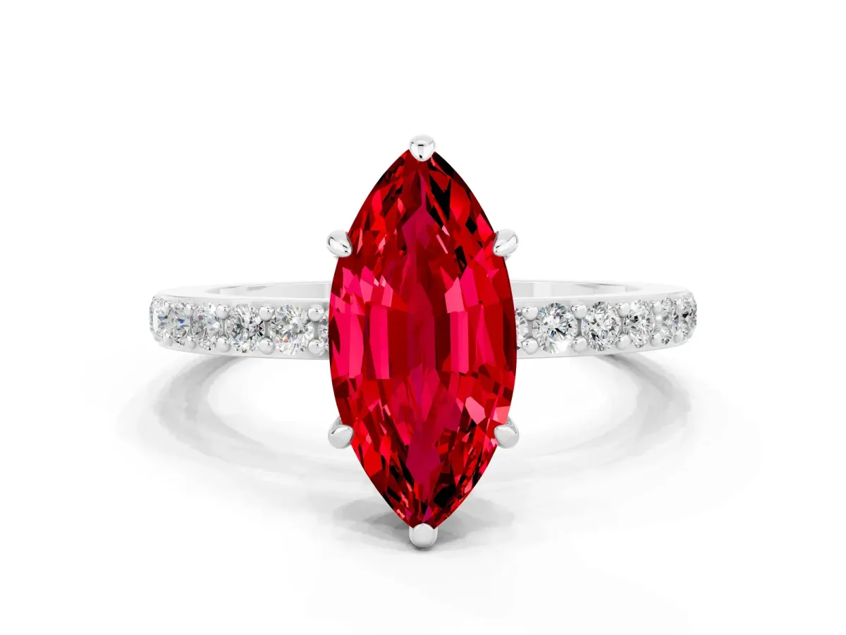 Marquise Cut Ruby Solitaire Engagement Ring with Pavé Band and Four-Prong Setting Silver
