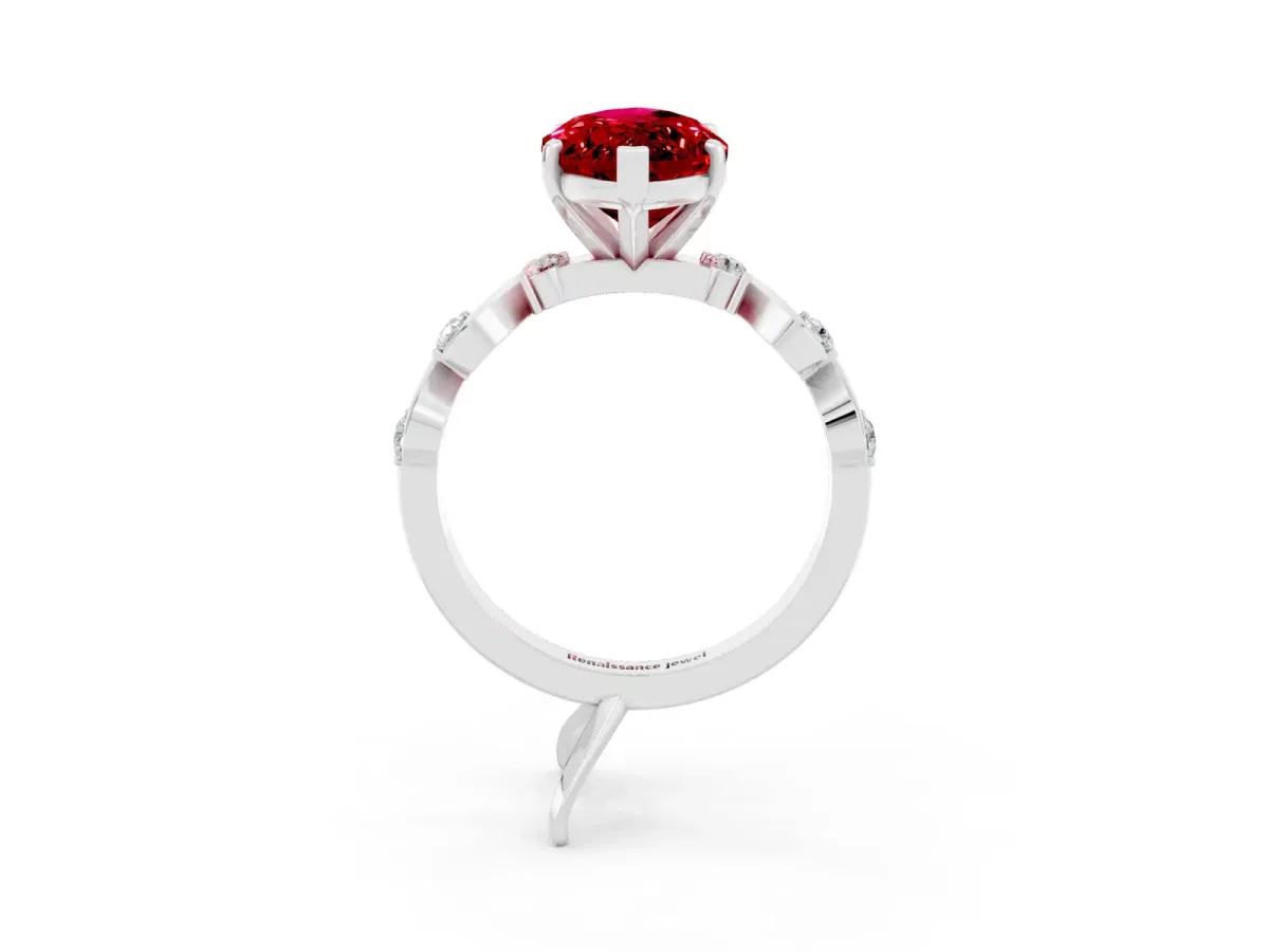 Marquise Cut Ruby Solitaire Twisted Band with Round Accents and Prong Setting Platinum