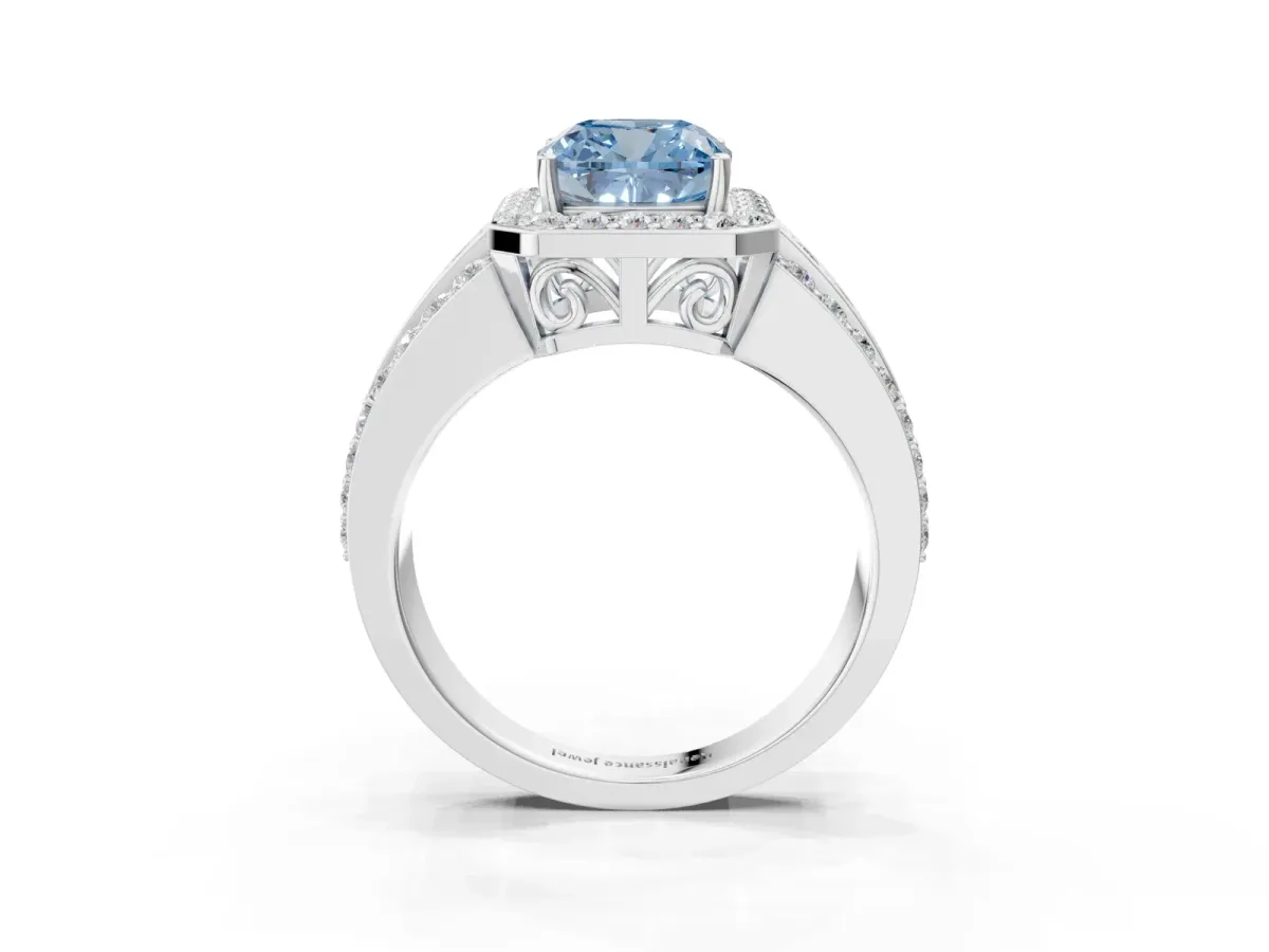 Fancy Blue Cushion Cut Halo Diamond Ring with Round Split Shank and Prong Setting Silver