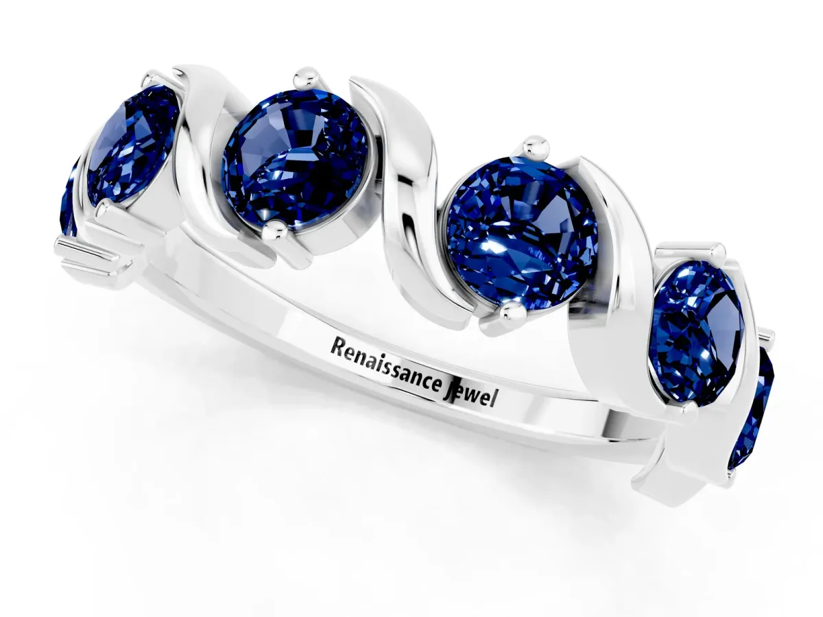 Round Blue Sapphire Half Eternity Band with Wave Prong Setting Silver