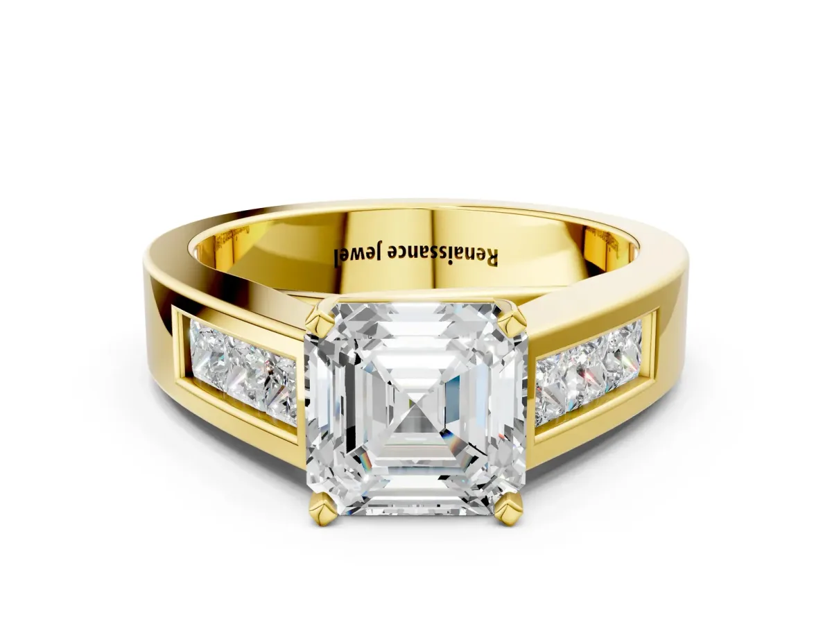 Asscher Cut Cut Channel Set Solitaire Ring with Four-Prong Setting Yellow gold