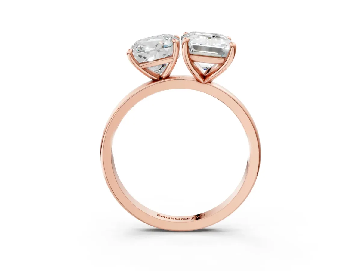Cushion Cut and Emerald Cut Toi Moi Ring with Prong Setting Rose gold