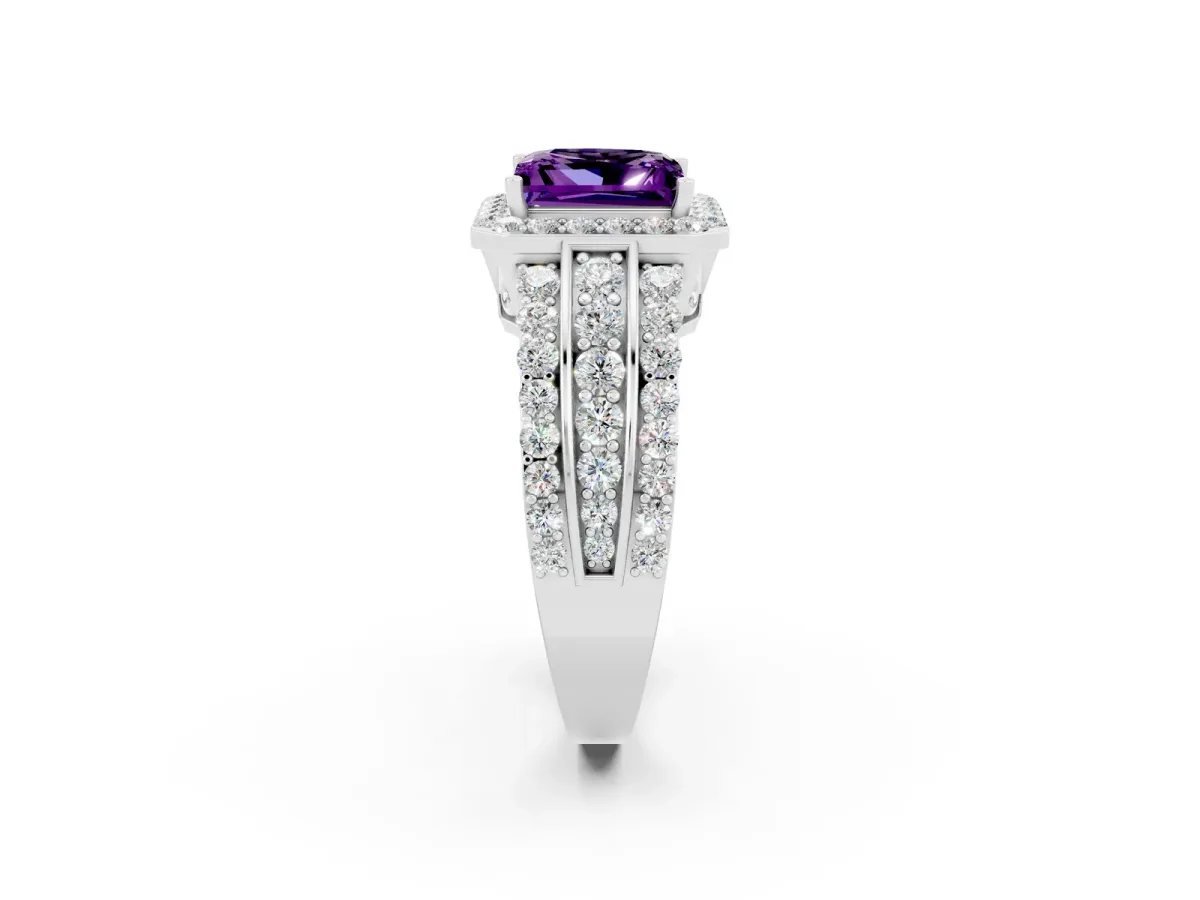 Princess Cut Halo Amethyst Ring with Round Split Shank and Prong Setting White gold
