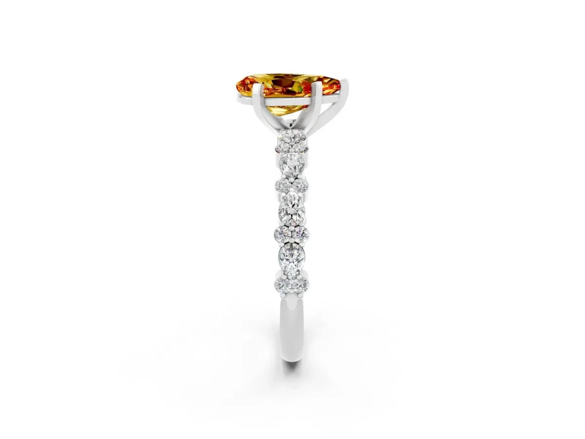 Pear Cut Citrine Side Stone Solitaire Ring with Round and Four-Prong Setting White gold