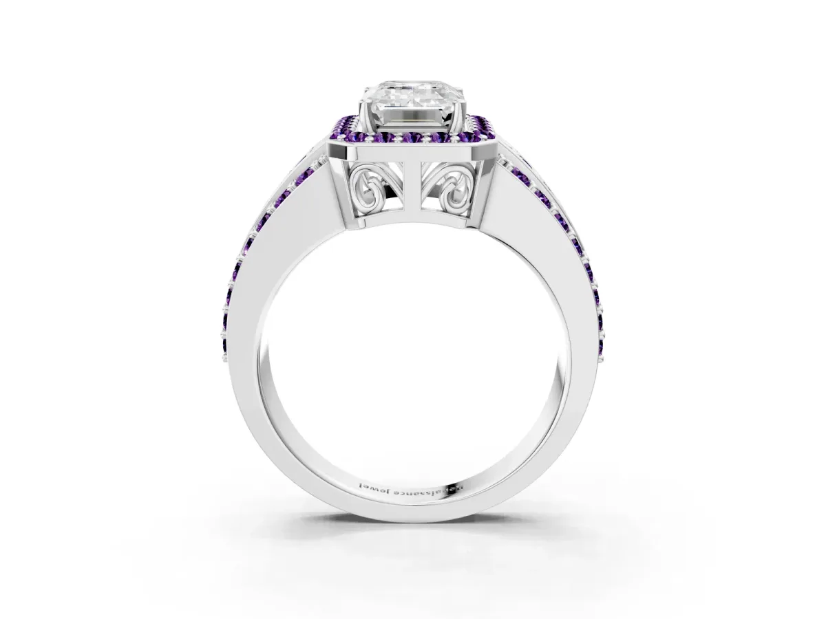Emerald Cut Halo Diamond Ring with Round Amethyst Split Shank and Prong Setting Silver