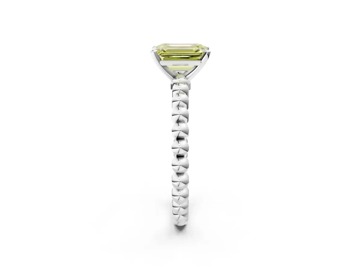 Fancy Yellow Emerald Cut Diamond Solitaire Ring with Beaded Band and Prong Setting White gold