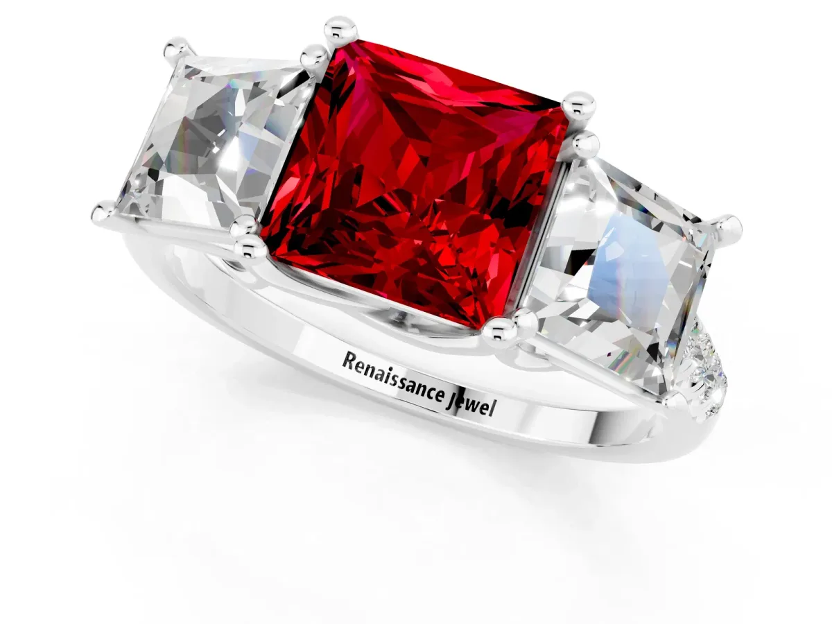 Three-Stone Princess Cut Ruby Ring with Round Pavé Band and Prong Setting Platinum
