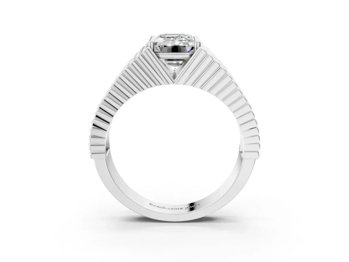 Emerald Cut Diamond Fluted Mens Ring Silver