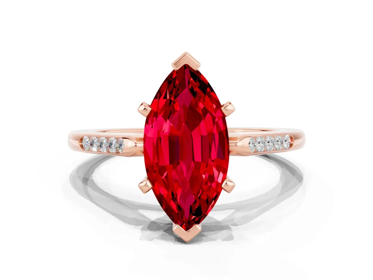 Marquise Cut Ruby Solitaire Ring with Channel Set Round Band and Prong Setting Rose gold