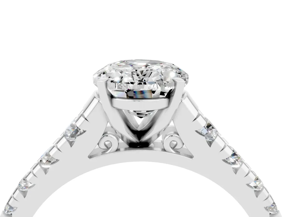 Oval Cut Moissanite Cathedral Solitaire Ring with Round Pavé Band Silver