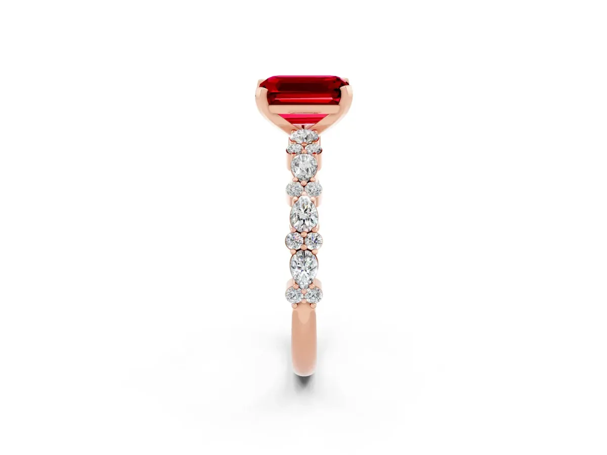 Emerald Cut Ruby Side Stone Solitaire Ring with Round and Four-Prong Setting Rose gold