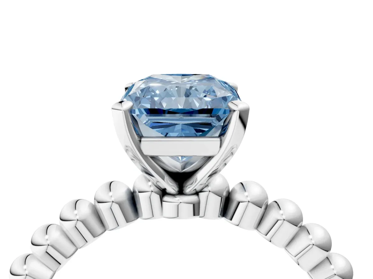 Fancy Blue Radiant Cut Diamond Solitaire Ring with Beaded Band and Prong Setting Platinum