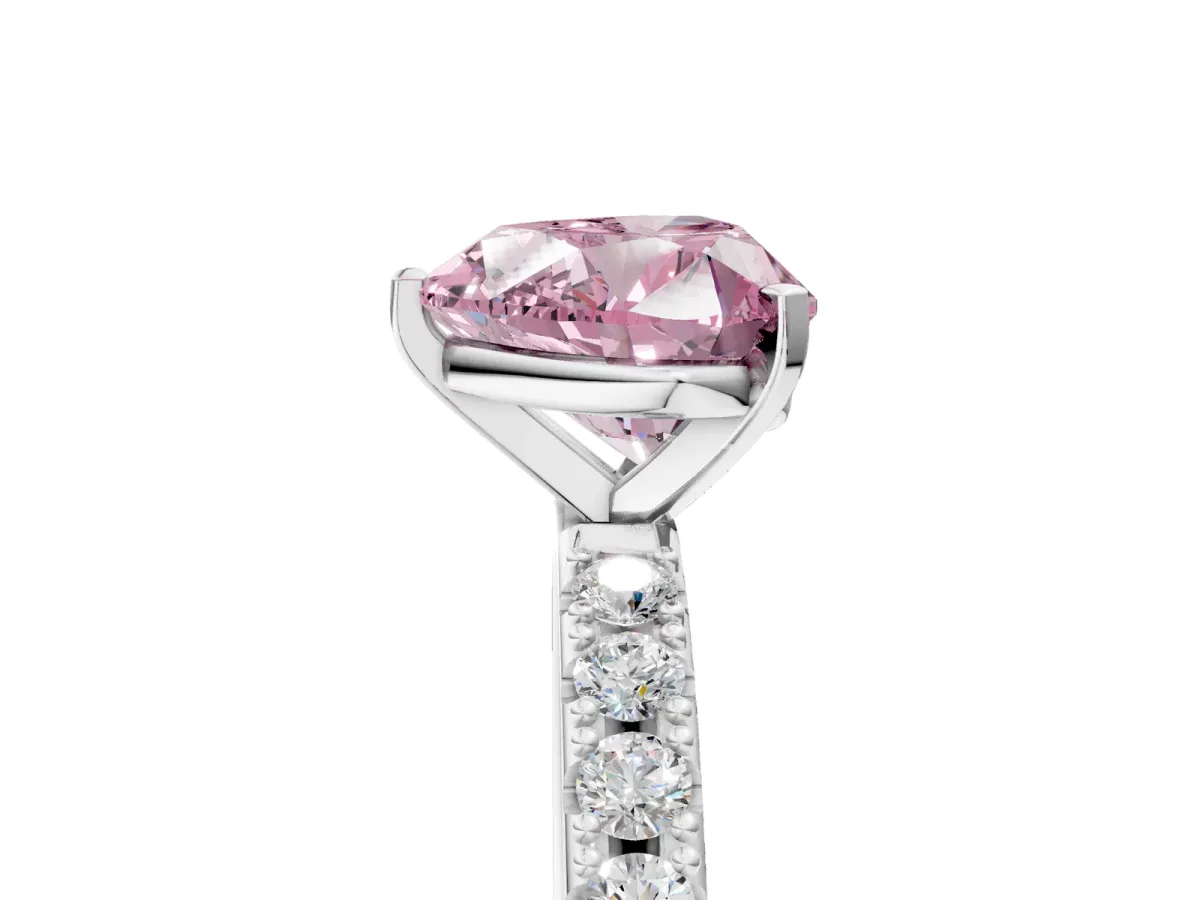 Fancy Pink Heart Cut Diamond Solitaire Pavé Band with Four-Prong Setting Silver