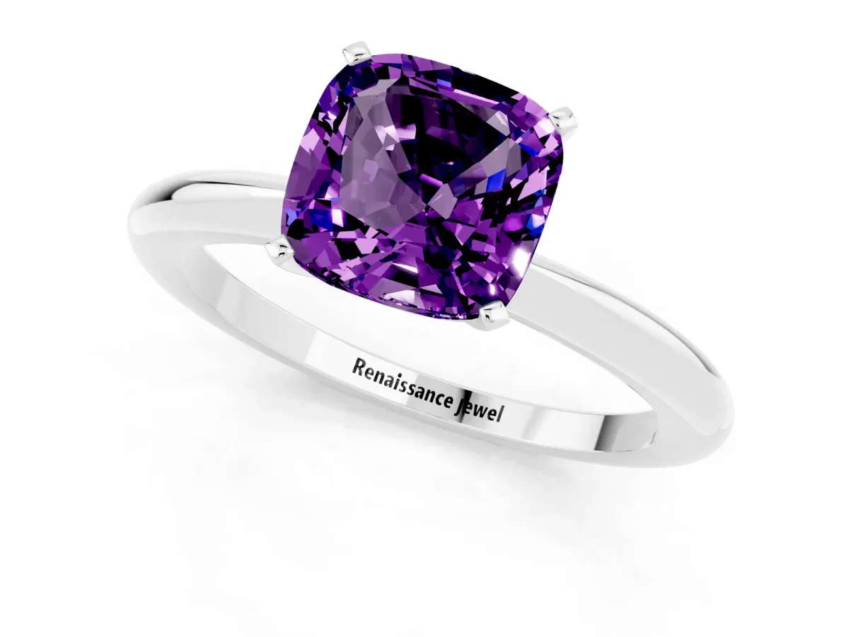 Cushion Cut Amethyst Solitaire Ring with Six-Prong Setting and Classic Band Platinum