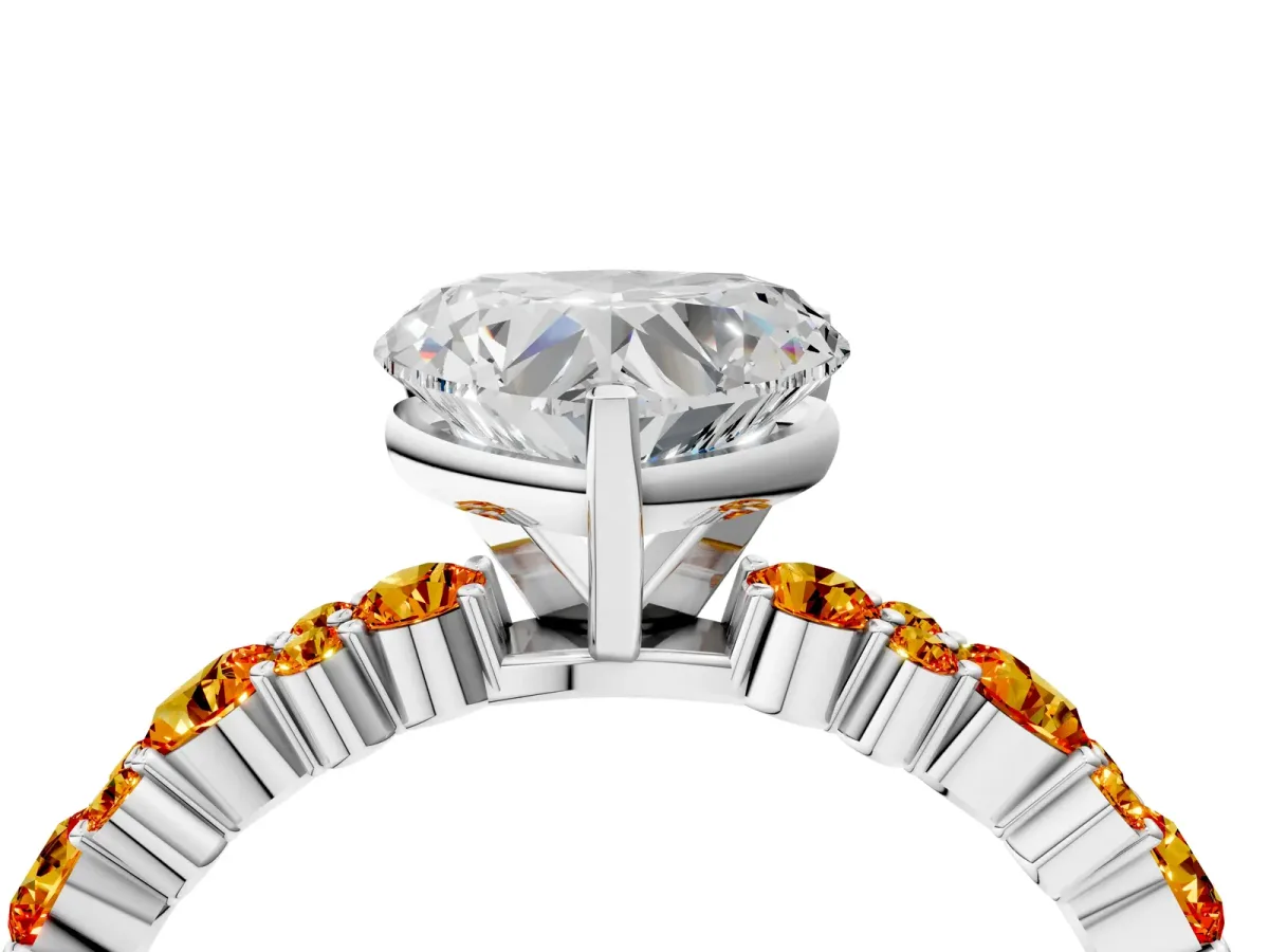 Heart Cut Diamond Side Stone Solitaire Ring with Round Citrine and Four-Prong Setting Platinum