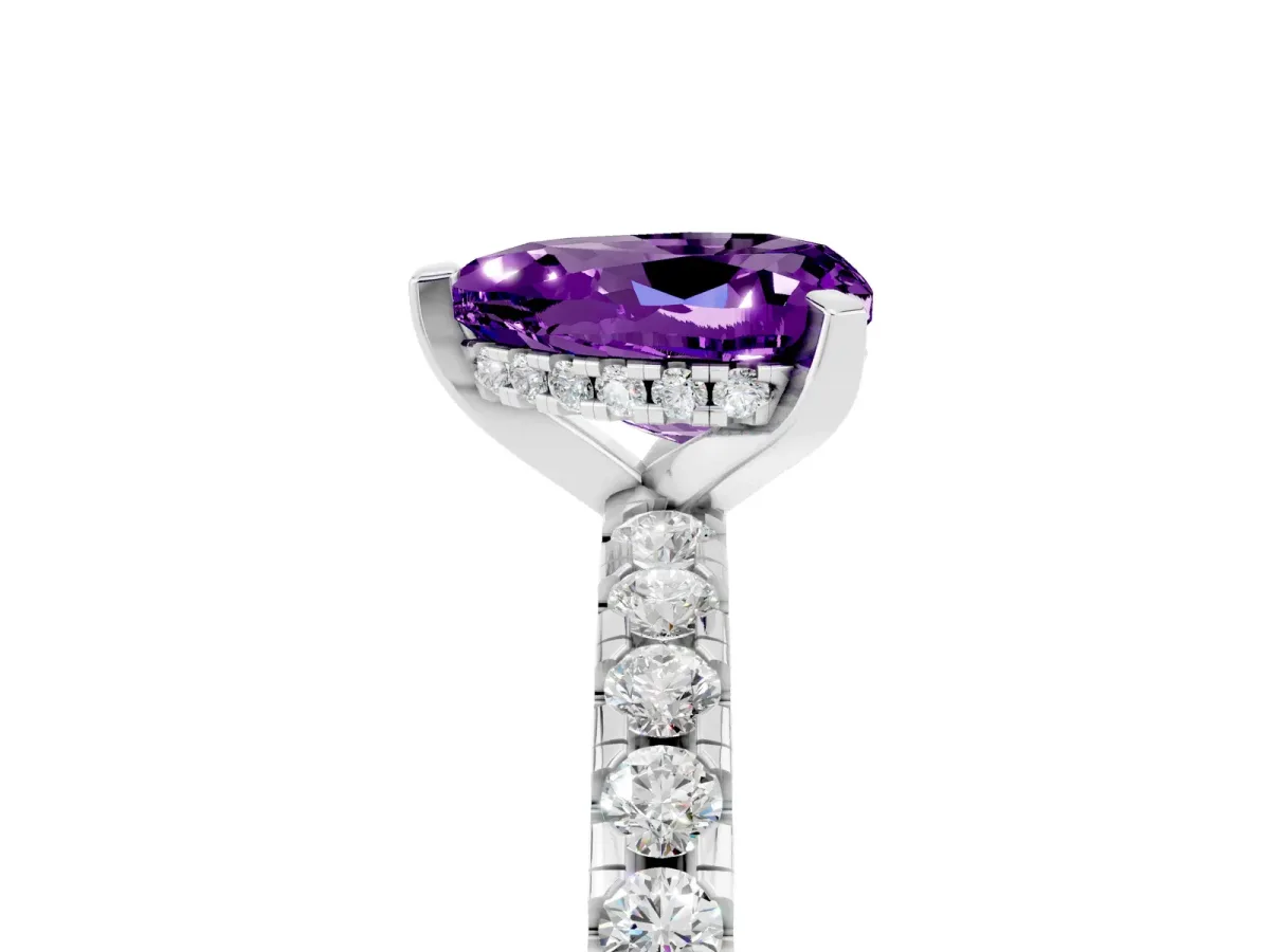 Heart Cut Amethyst Solitaire Ring with Round Pavé Band and Four-Prong Setting Silver