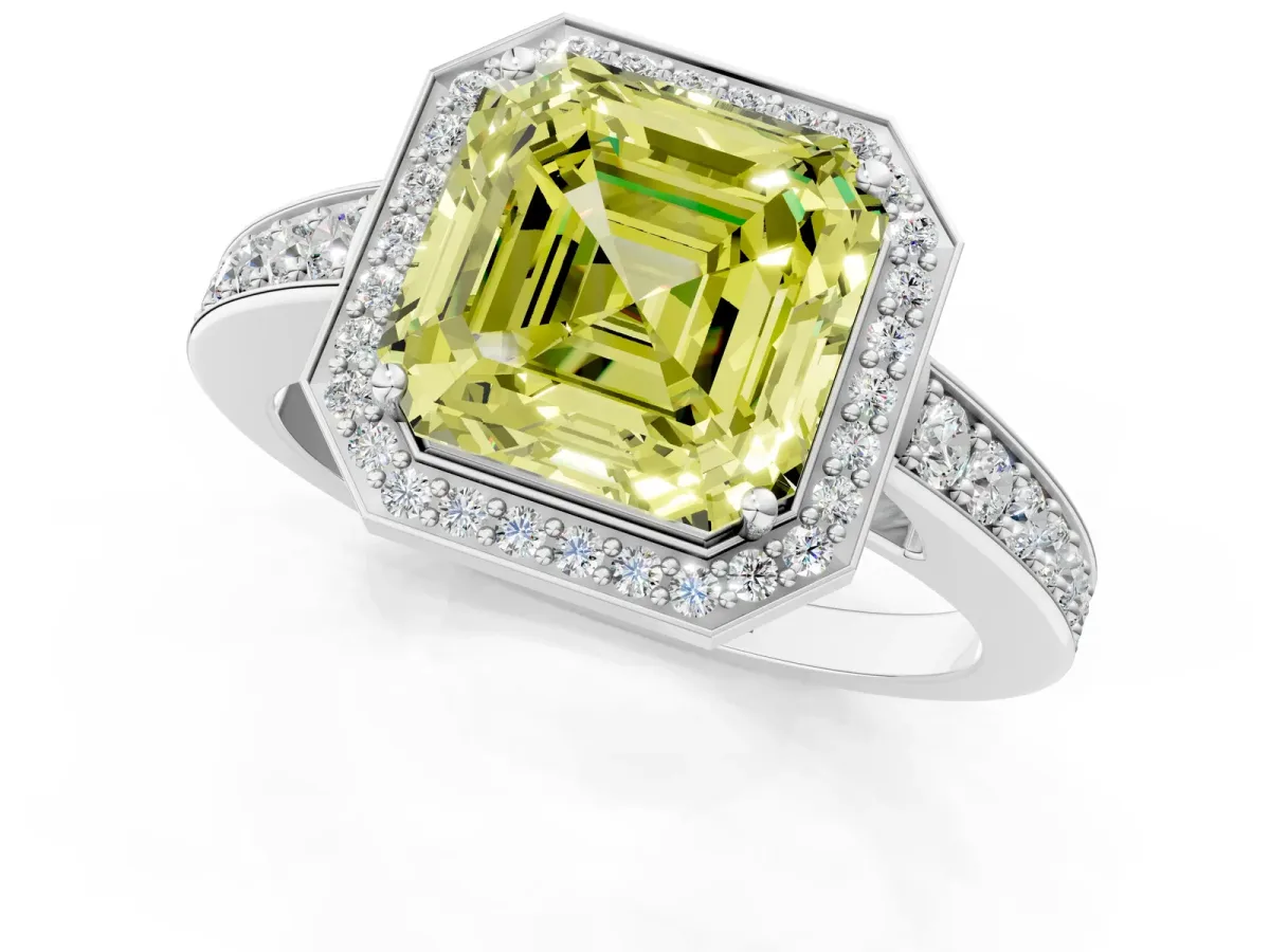 Fancy Yellow Asscher Cut Halo Pavé Diamond Engagement Ring with Bezel Setting Silver
