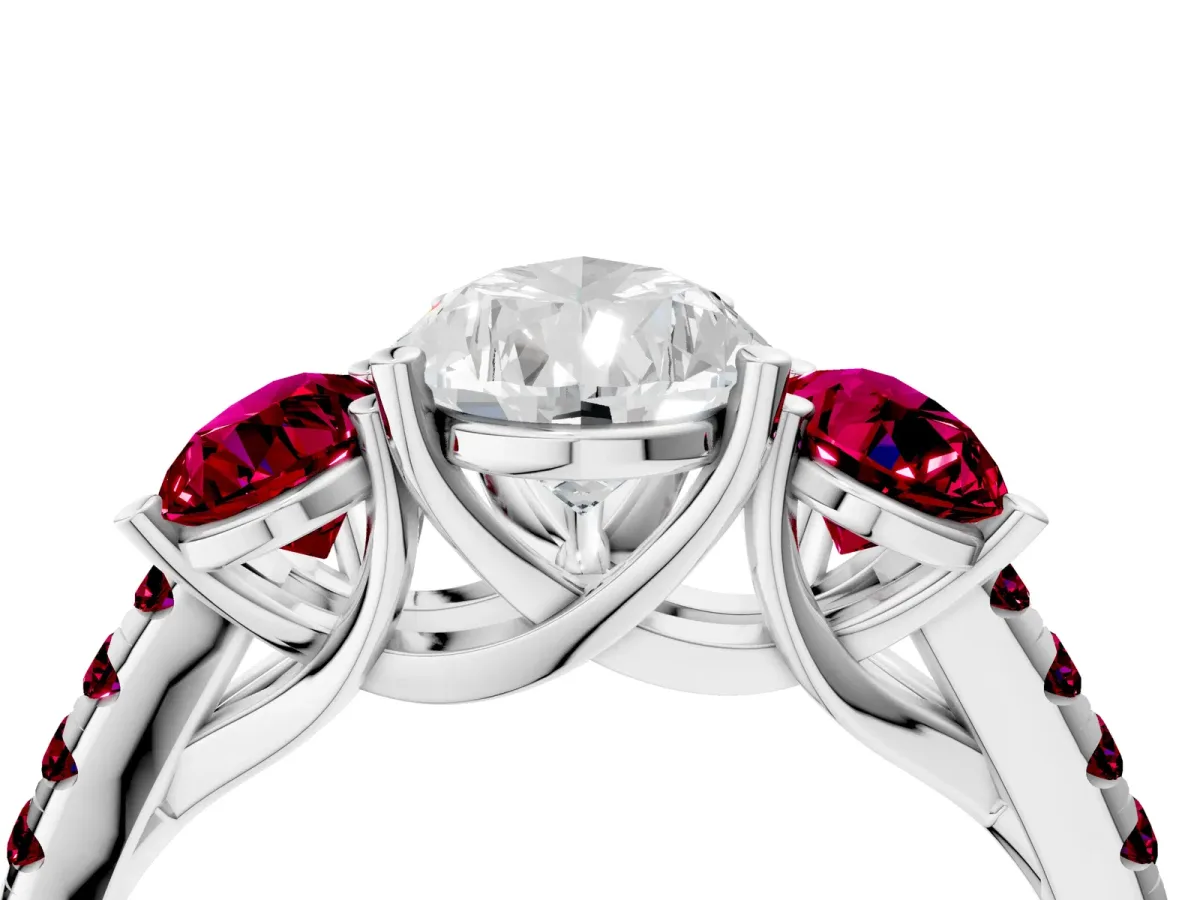 Three-Stone Pear Cut Diamond Ring with Round Garnet Pavé Band and Prong Setting Platinum