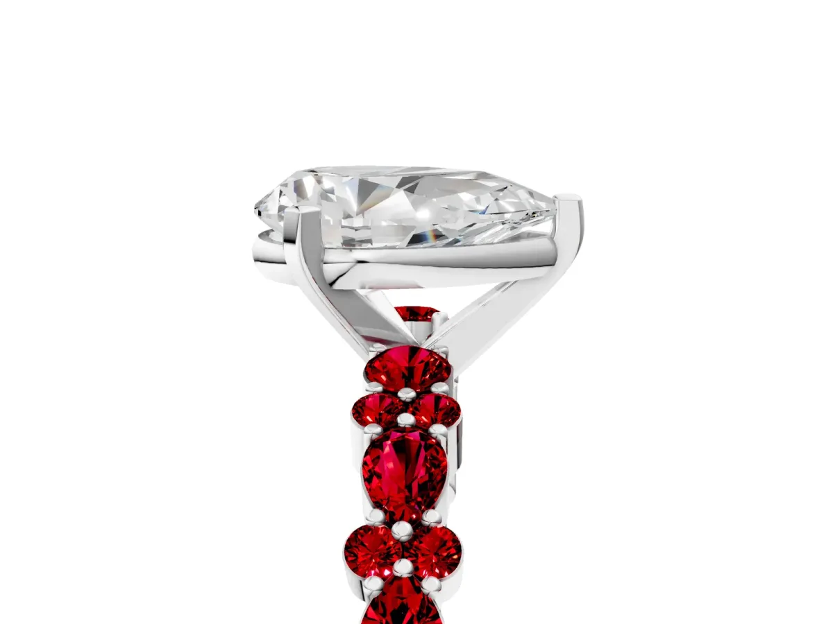 Pear Cut Diamond Side Stone Solitaire Ring with Round Ruby and Four-Prong Setting White gold