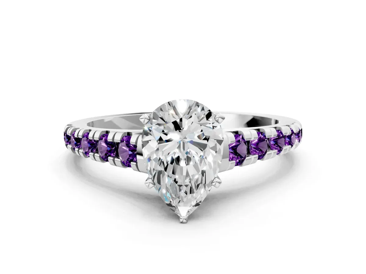 Pear Cut Diamond Cathedral Solitaire Ring with Round Amethyst Pavé Band Platinum