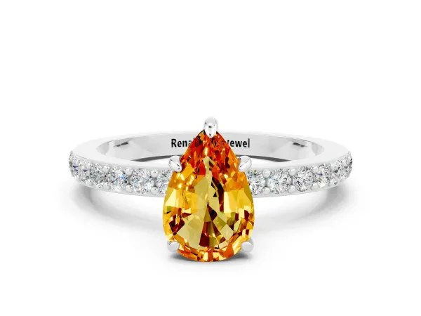 Pear Cut Citrine Solitaire Engagement Ring with Pavé Band and Four-Prong Setting Platinum