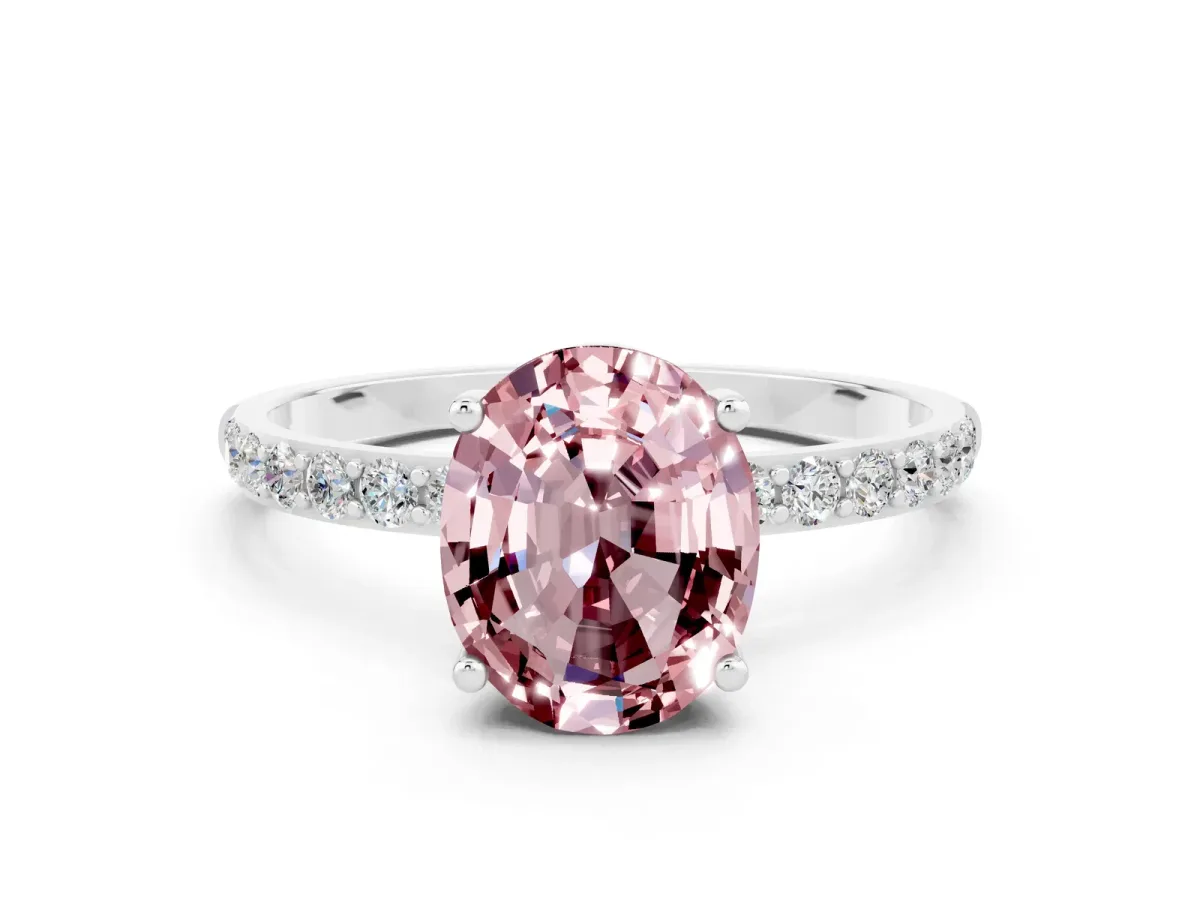 Oval Cut Morganite Solitaire Ring with Round Pavé Band and Prong Setting Platinum