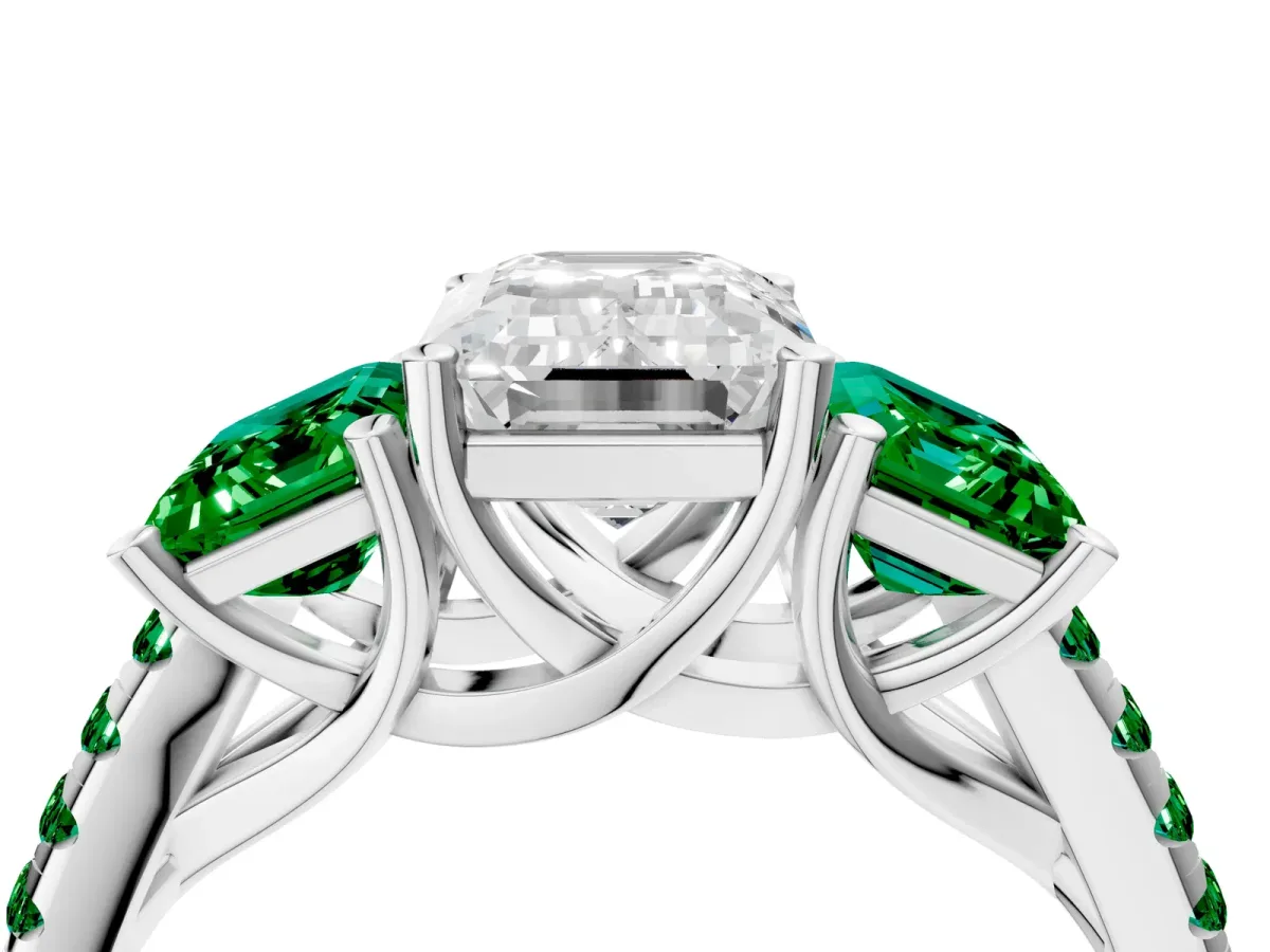 Three-Stone Emerald Cut Diamond Ring with Round Emerald Pavé Band and Prong Setting Silver