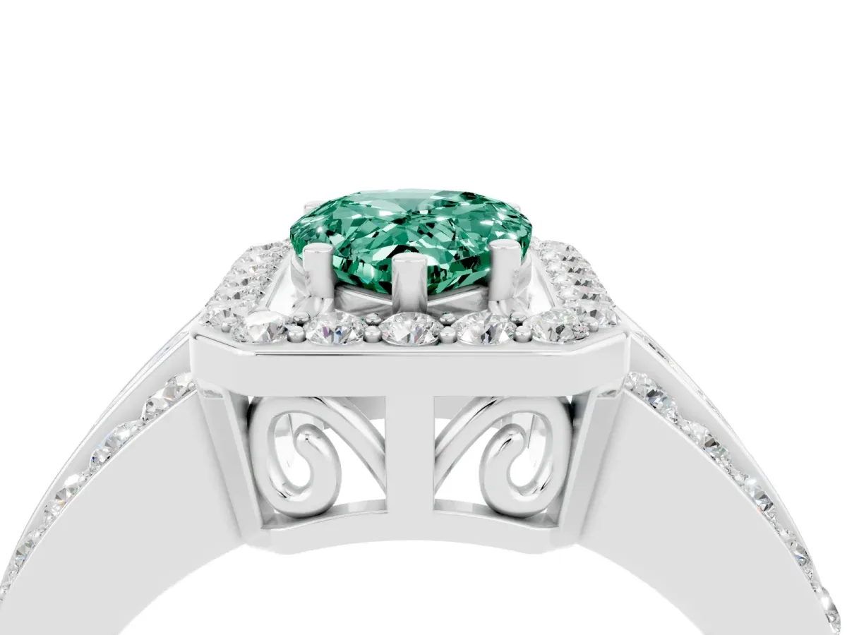 Pear Cut Halo Green Sapphire Ring with Round Split Shank and Prong Setting Silver