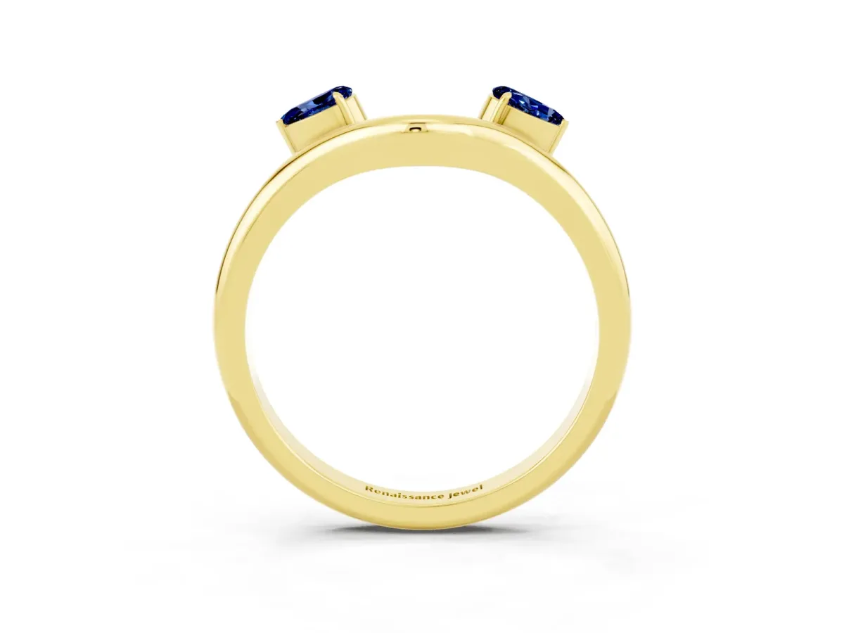 Pear Cut Blue Sapphire Two-Stone Open Band Ring with Prong Setting Yellow gold