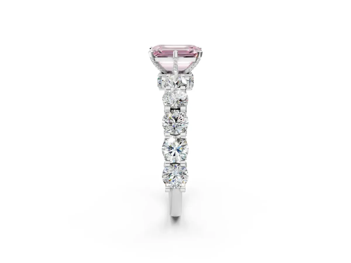 Fancy Pink Emerald Cut Diamond Side Stone Engagement Ring with Four-Prong Setting Silver