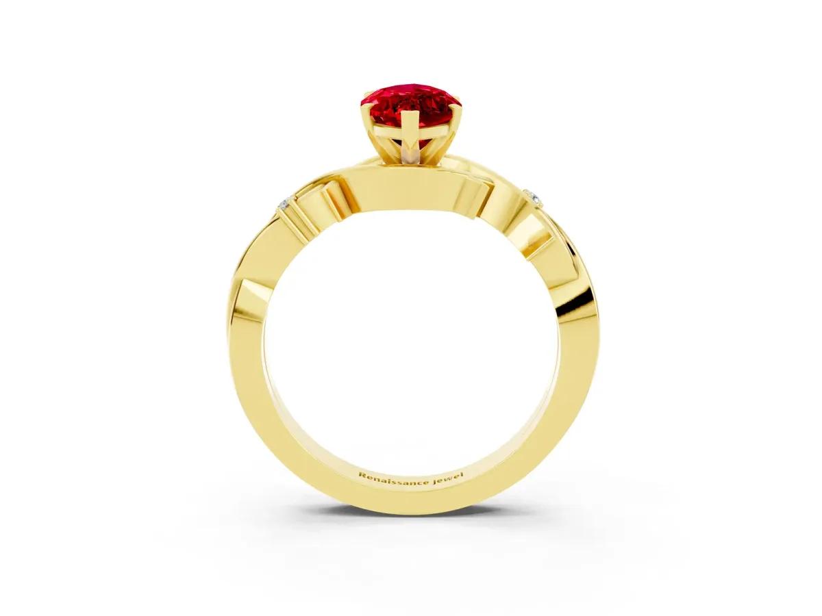 Marquise Cut Ruby Solitaire Ring with Milgrain Pavé Band and Four-Prong Setting Yellow gold
