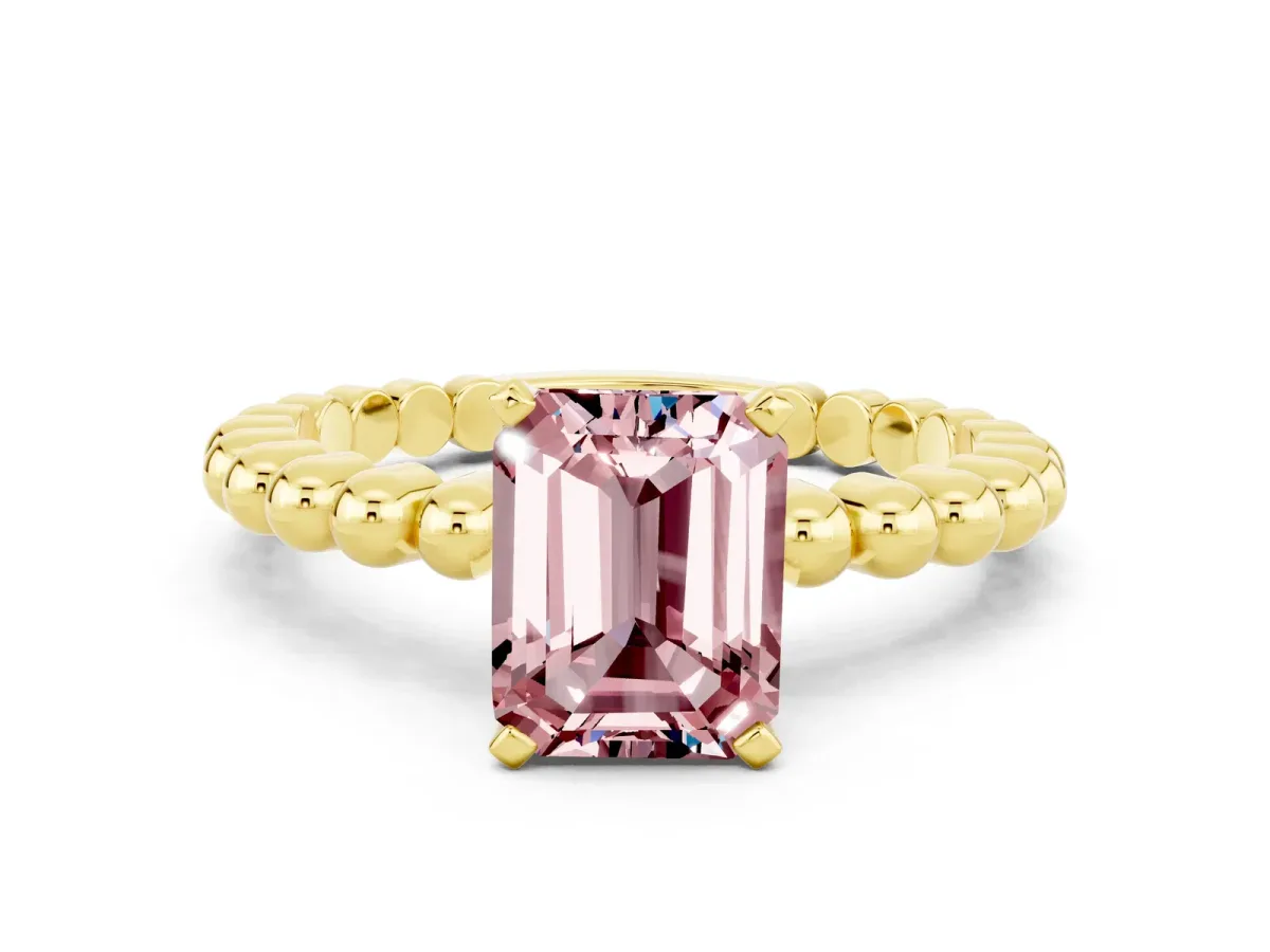 Emerald Cut Morganite Solitaire Ring with Beaded Band and Prong Setting Yellow gold