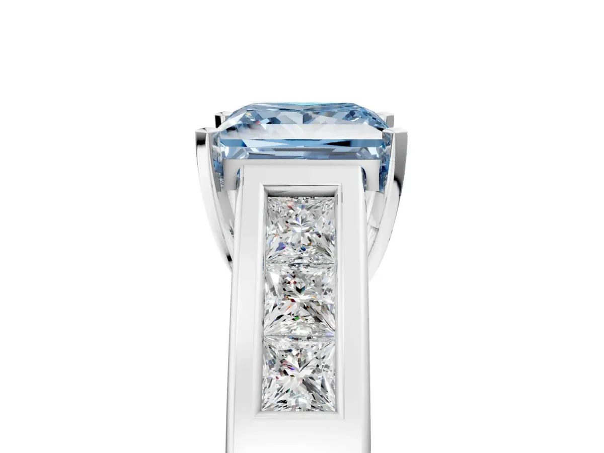 Fancy Blue Princess Cut Cut Channel Set Solitaire Ring with Four-Prong Setting Platinum